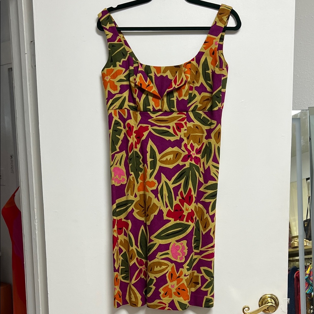 Talbots Vintage Linen Olive Purple Abstract Multicolor Floral Midi Dress Small 4